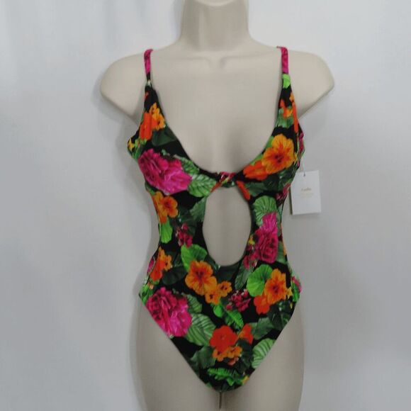 Andie Black Tropical Floral Santorini Cut Out One Piece Bathing Suit Small